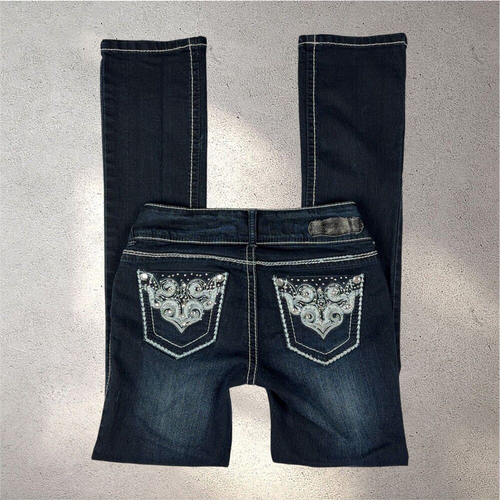 Y2K WallFlower Bootcut Jeans Juniors 1 Blue Double Button Ultra Low Rise McBling